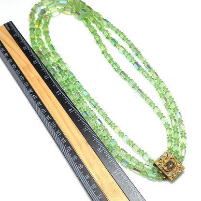 Green AB Barrel Crystal Necklace & Earrings, Austrian Crystal Beads, 1960s Vintage Jewelry