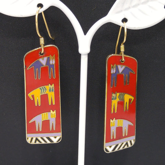 Laurel Burch "Hieroglyphic" Cats, Cloisonne Red Enamel, Gold Plated, 1980s Vintage Jewelry