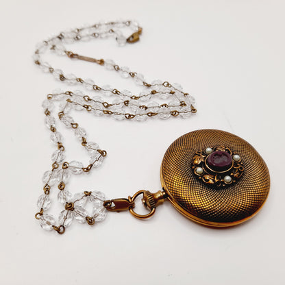 Vintage Extasia Intaglio Pocket Watch Style Locket Clear Bead Necklace, 28 Inches
