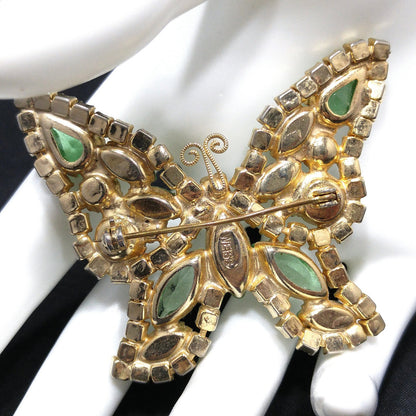 Weiss Peridot Green Rhinestone Butterfly Brooch, Gold Plated, 1950s Vintage Jewelry