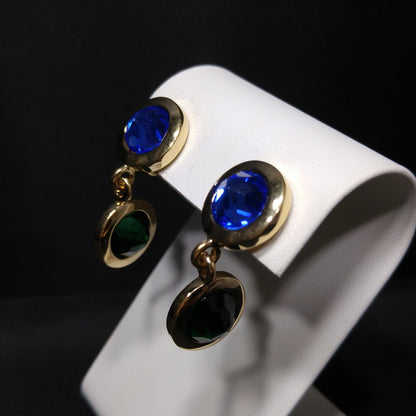 Swarovski Gold Plated Drop Earrings, Blue Green Purple Crystals, Vintage 1990s Swan Logo