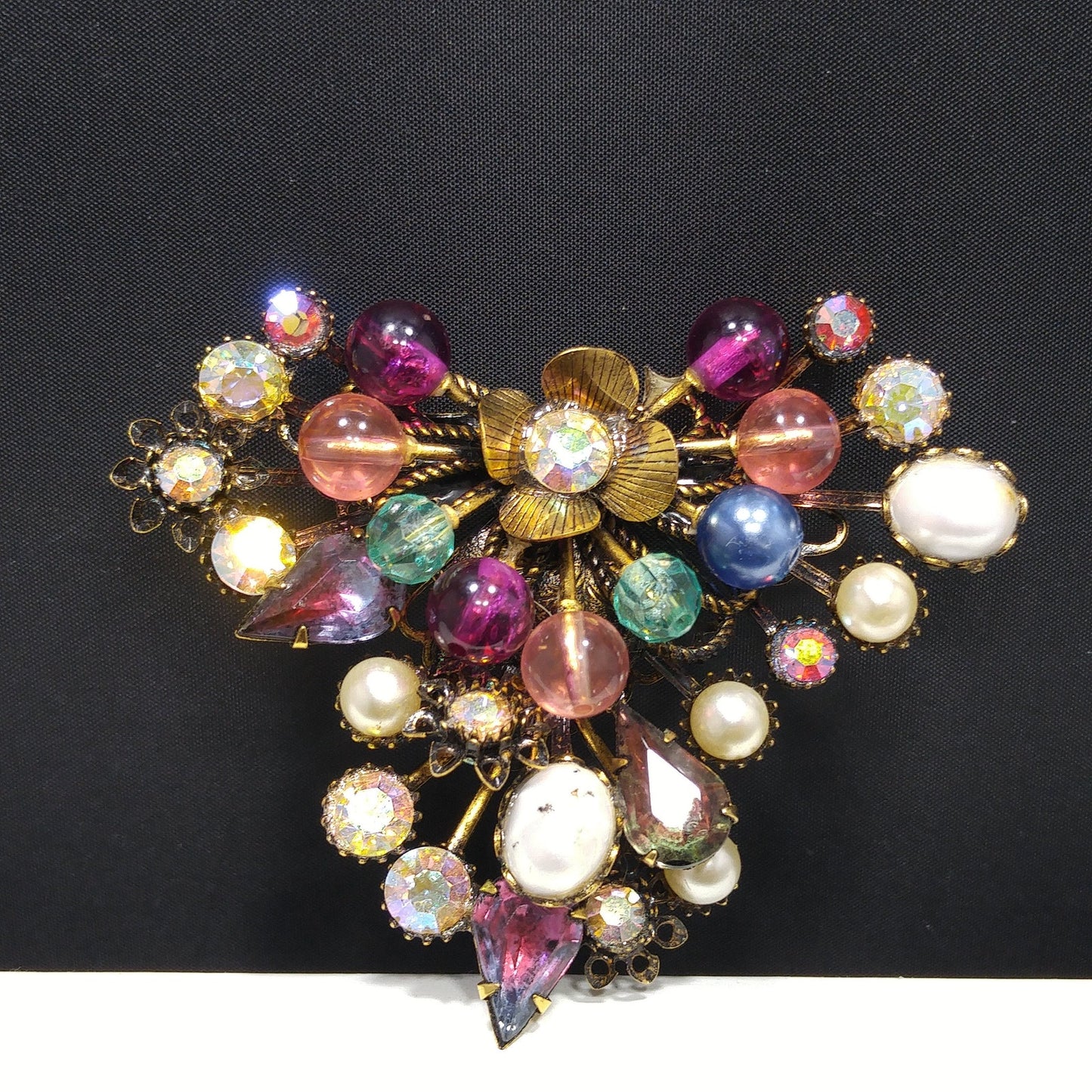 Mid-century Floral Beaded Riveted Brooch, Rhinestones Beads Prongs, 1950s Vintage Jewelry