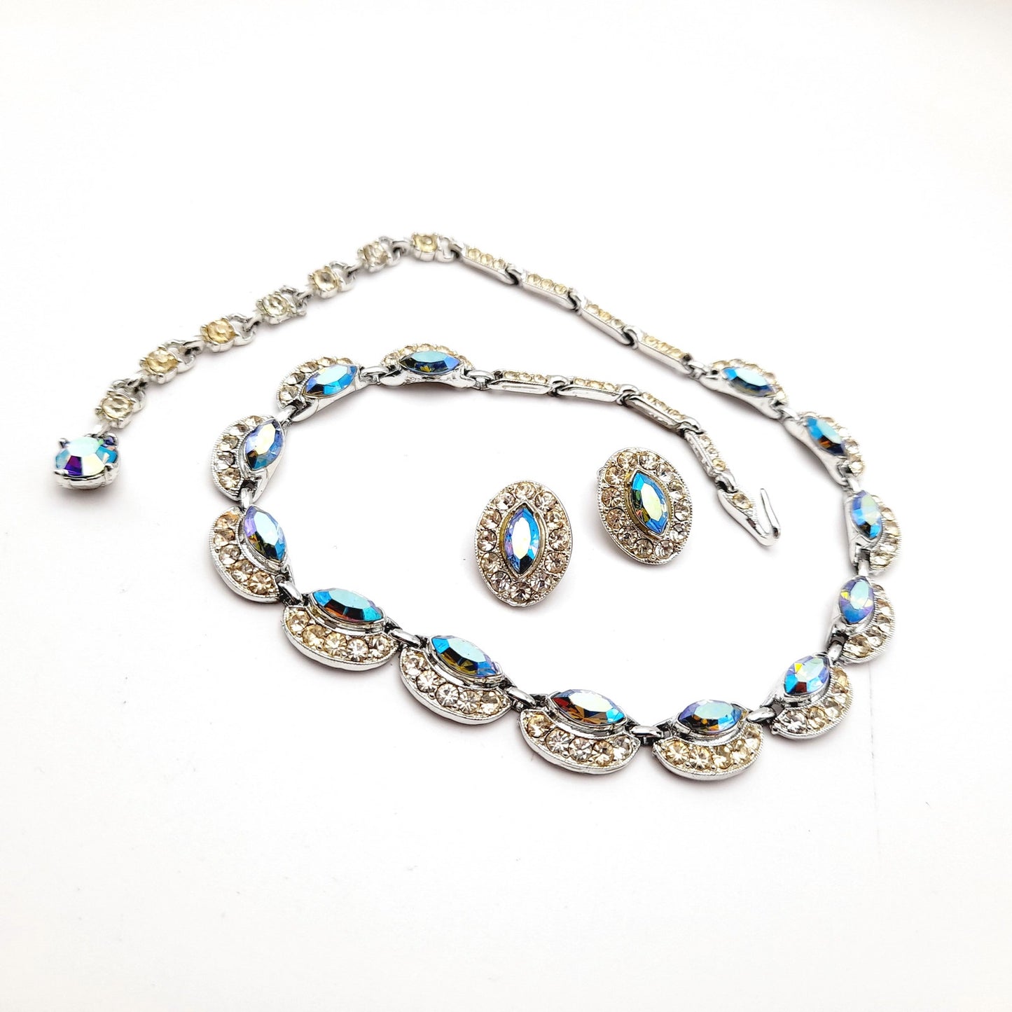 Bogoff Blue Rhinestone Rhodium Plated Choker Necklace Clip Earrings Set