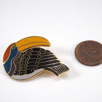 Laurel Burch Toucan Brooch, Gold Plated Cloisonne & Enamel, 1980 Vintage Jewelry