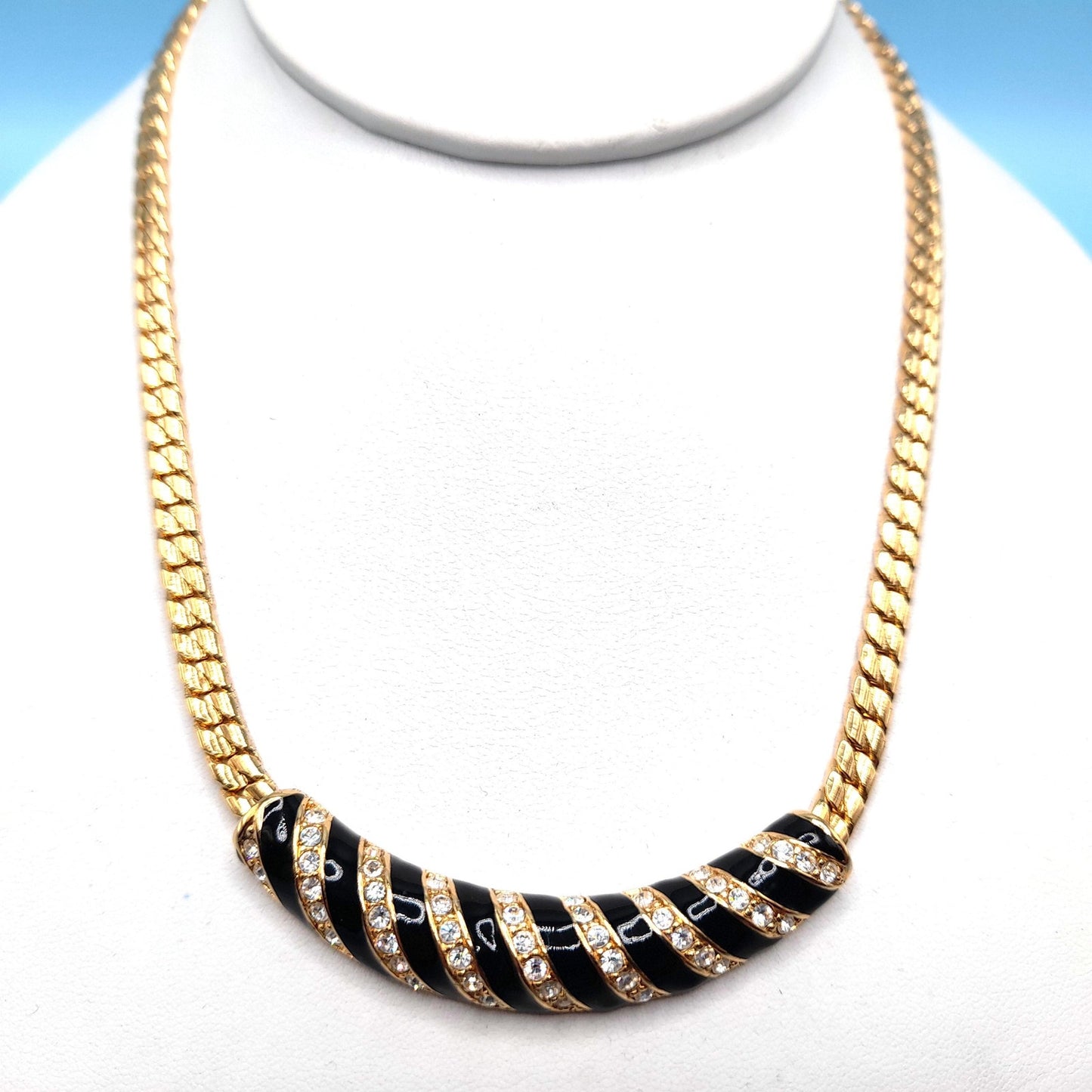 Vintage Swarovski Swan Logo Necklace – Gold Plated Black Enamel Crystal 1980s