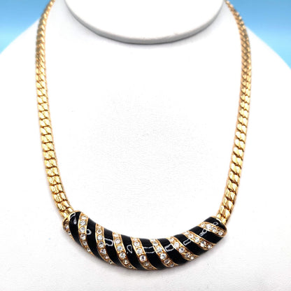 Vintage Swarovski Swan Logo Necklace – Gold Plated Black Enamel Crystal 1980s
