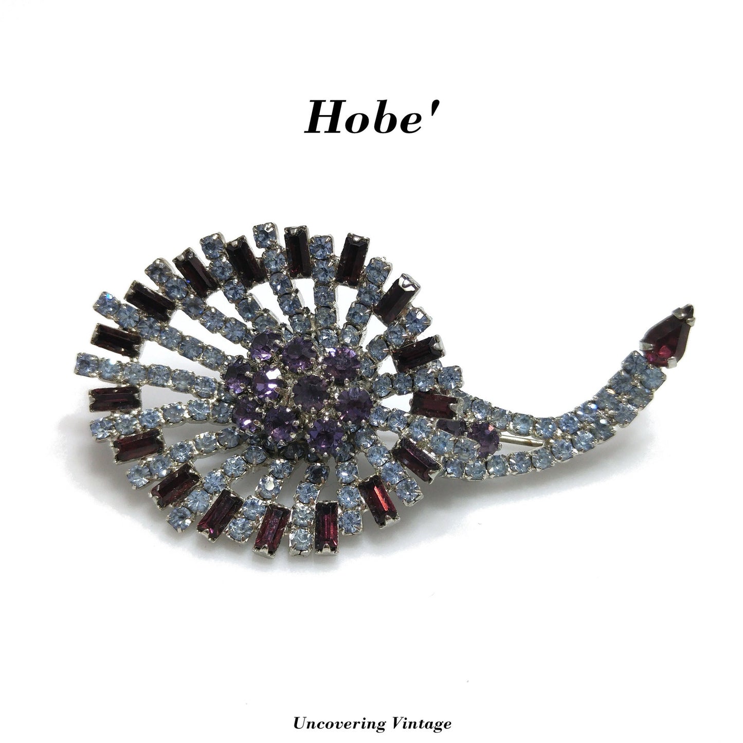 Hobe Purple Light Blue Rhinestone Lily Floral Brooch, Rhodium Plated, 1960s Vintage Jewelry