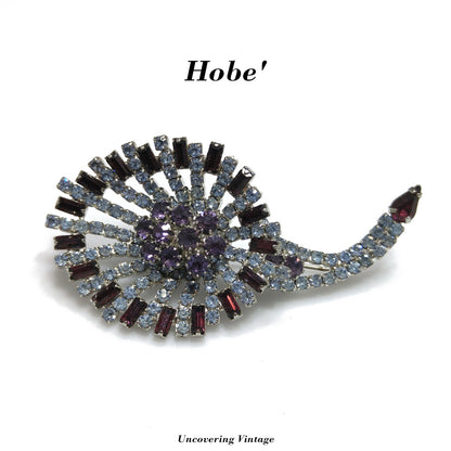 Hobe Purple Light Blue Rhinestone Lily Floral Brooch, Rhodium Plated, 1960s Vintage Jewelry