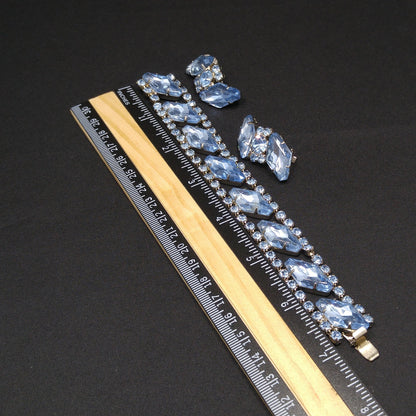 Light Blue Rhinestone Bracelet & Clip Earrings, Rhodium Plated, Ear Climbers, 1960s Vintage Jewelry