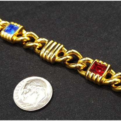 Vintage Swarovski Gold Plated Bracelet – Swan Logo, Red Blue Purple Crystals – 1980s