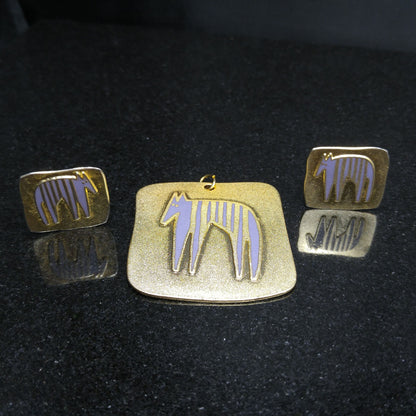 Laurel Burch "Striped Beast" Pendant & Earrings, Brass Purple Enamel, 1980s