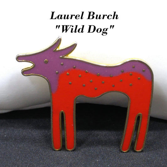 Laurel Burch "Wild Dog" Purple & Red Enamel Brooch, Cloisonne Gold Plated, 1980s
