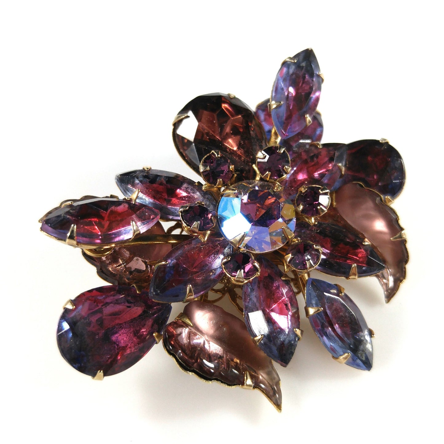 Judy Lee Purple Molded Leaves Brooch, Aurora Borealis Rhinestones, 1950s Vintage Jewelry