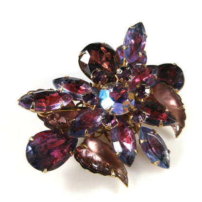 Judy Lee Purple Molded Leaves Brooch, Aurora Borealis Rhinestones, 1950s Vintage Jewelry