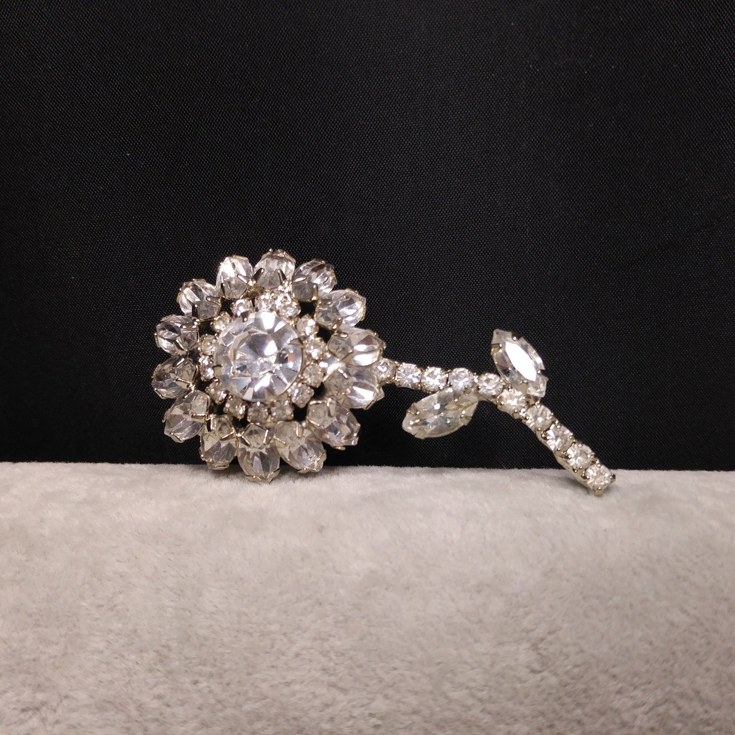 Clear Rhinestone Flower Brooch, Rhodium Plated, 1960s Vintage Jewelry