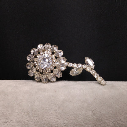 Clear Rhinestone Flower Brooch, Rhodium Plated, 1960s Vintage Jewelry