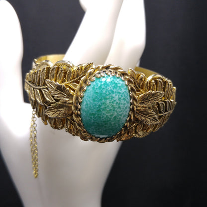 Whiting & Davis Gold Tone Cuff Bracelet Peking Glass Cabochon Leaves Vintage