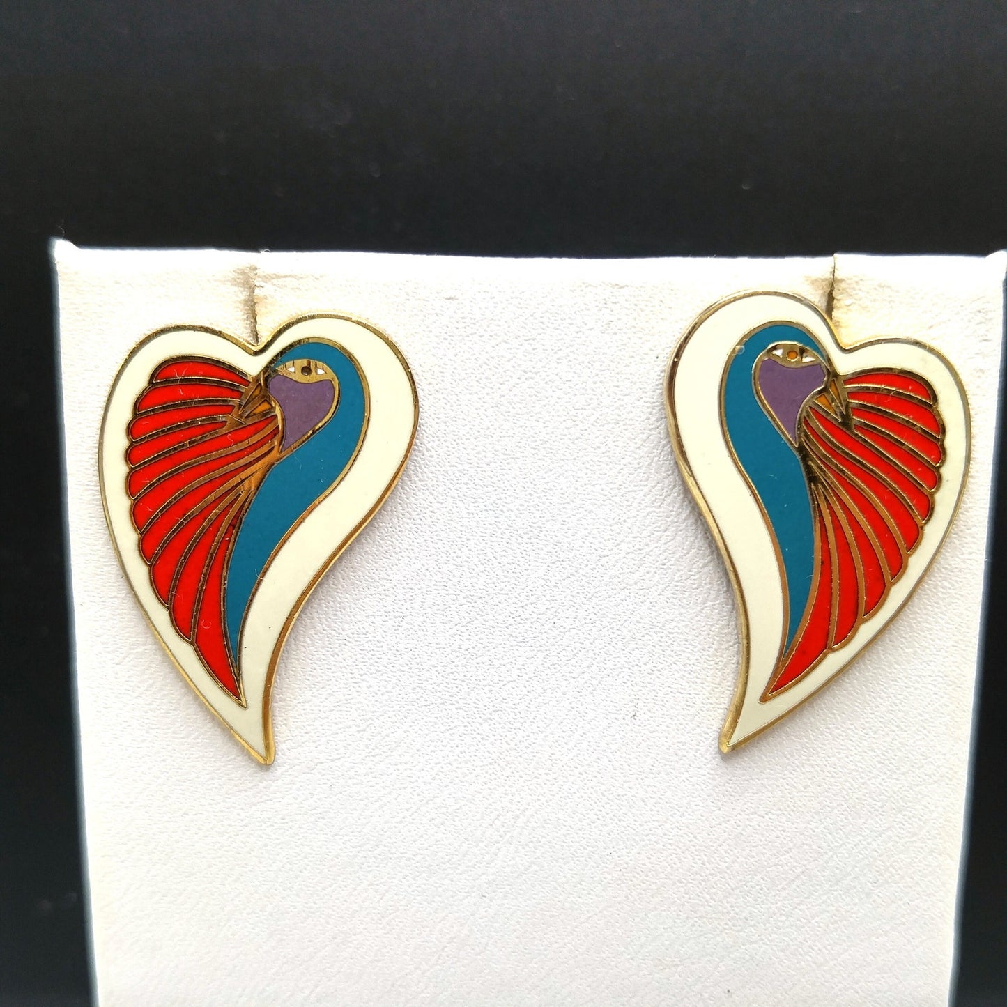 Vintage Laurel Burch "Dove Heart" Post Earrings, Cloisonne Enamel, Gold Plated