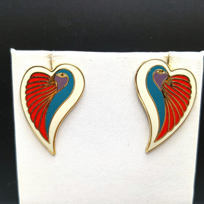 Vintage Laurel Burch "Dove Heart" Post Earrings, Cloisonne Enamel, Gold Plated