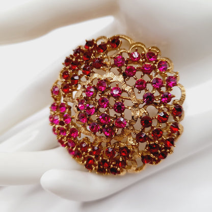 Vintage WEISS Red & Pink Rhinestone Gold Tone Flower Brooch 2 Inch