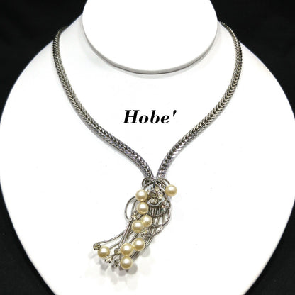 Hobe’ Mid Century Rhodium Faux Pearl Rhinestone Pendant Necklace 1950s