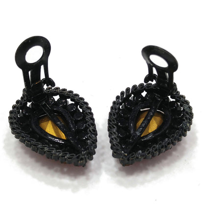 Made in Austria Red Pink Rhinestone Earrings, Japanned Black Metal, 1960s Vintage