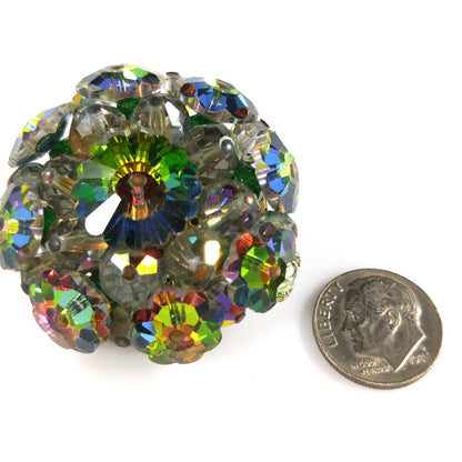 Margarita Rhinestone Round Brooch, Green Pink Blue Floral Crystals, 1960s Vintage Jewelry