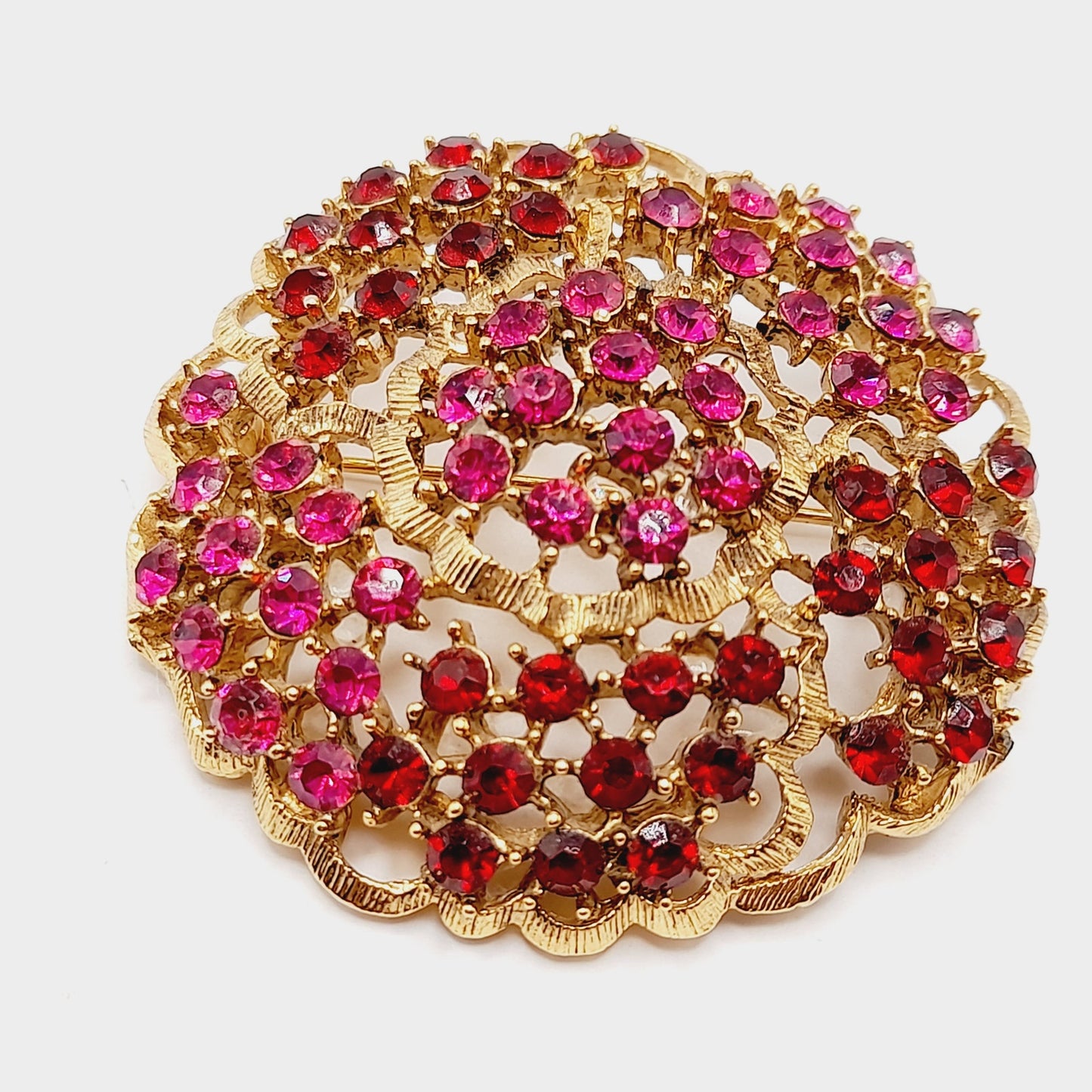 Vintage WEISS Red & Pink Rhinestone Gold Tone Flower Brooch 2 Inch