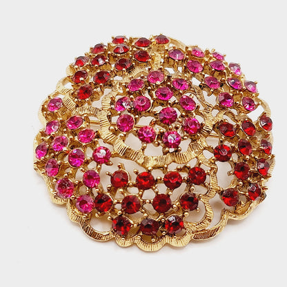 Vintage WEISS Red & Pink Rhinestone Gold Tone Flower Brooch 2 Inch