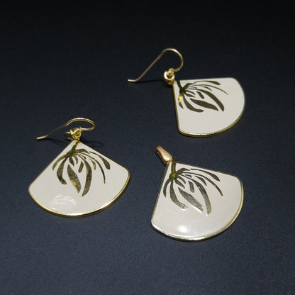 Laurel Burch Willow Earrings & Pendant, Creamy White Enamel, Gold Plated, 1980s Vintage Jewelry