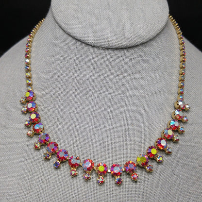 Red Rhinestone Aurora Borealis Choker Necklace, Gold Plated, 1960s Vintage Jewelry