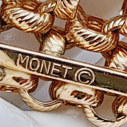 Vintage Monet Gold Plated Woven Square Brooch – 1980s Statement Designer Jewelry