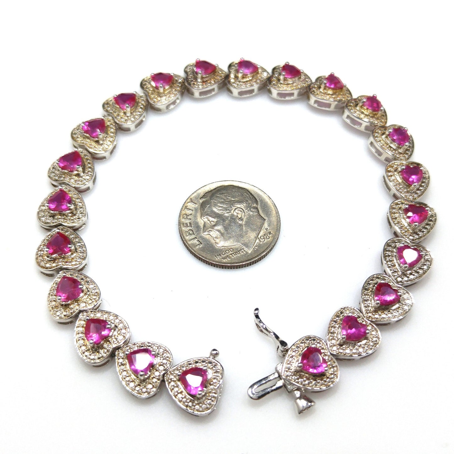 Vintage 925 Silver Ruby Heart Tennis Bracelet Pink Gemstone 7.25” Valentine Gift