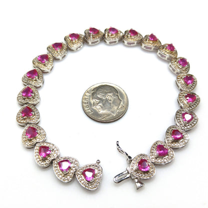 Vintage 925 Silver Ruby Heart Tennis Bracelet Pink Gemstone 7.25” Valentine Gift