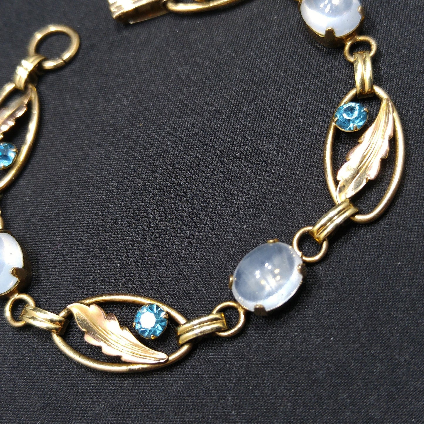 Van Dell 12K Gold Over Sterling Leaves Bracelet, Faux Moonstones, Blue Rhinestones, 1940s Vintage Jewelry