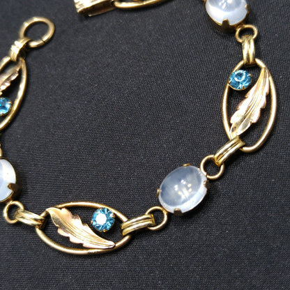 Van Dell 12K Gold Over Sterling Leaves Bracelet, Faux Moonstones, Blue Rhinestones, 1940s Vintage Jewelry