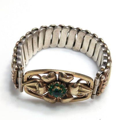 Antique Lustern Expansion Bracelet, 12KGF Sterling, Green Rhinestones, 1920s Vintage Jewelry