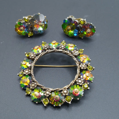 Vintage Weiss Margarita Rhinestone Brooch Earrings Set, Green Rhinestones, 1950s