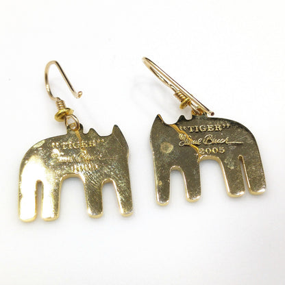 Vintage Laurel Burch "Tiger" Drop Earrings, Gold Plated, Black Red Enamel, 2005