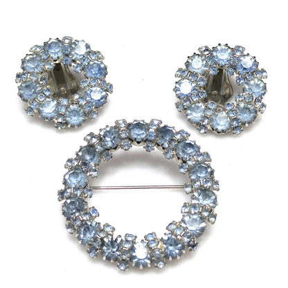 Vintage Weiss Wreath Rhinestone Brooch & Earrings, Light Blue Rhodium Plated