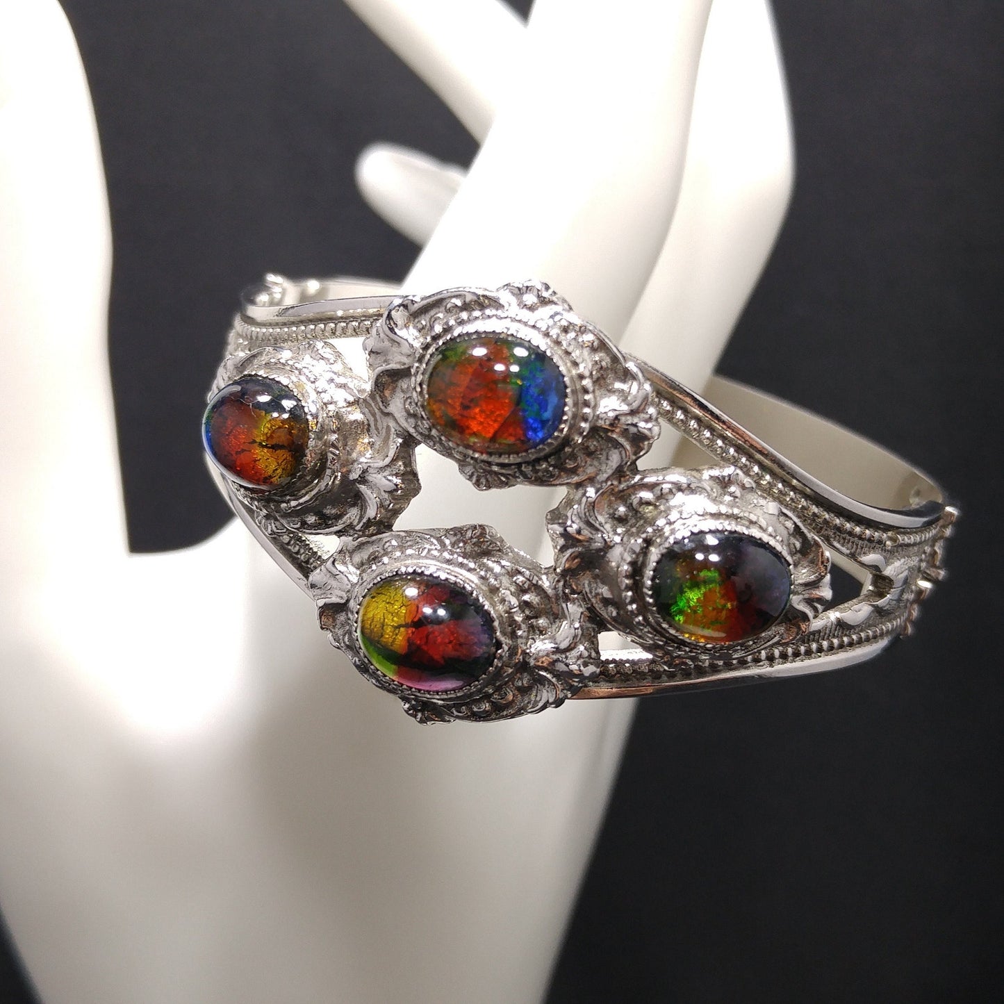 Whiting & Davis Cuff Bracelet, Gold Foil Rainbow Cabochons, Rhodium Plated, 1970s Vintage Jewelry
