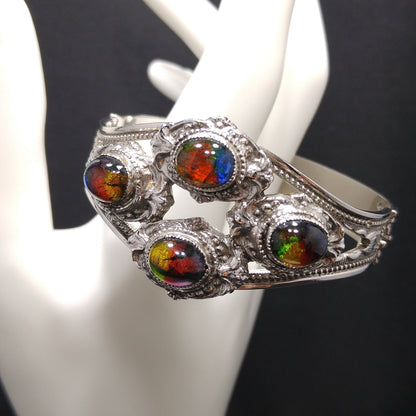 Whiting & Davis Cuff Bracelet, Gold Foil Rainbow Cabochons, Rhodium Plated, 1970s Vintage Jewelry
