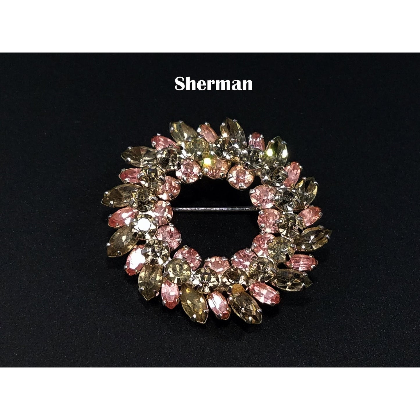 Sherman 1950s Pink & Smoky Gray Rhinestone Wreath Brooch | Rhodium Plated Mid-Century Signed Pin