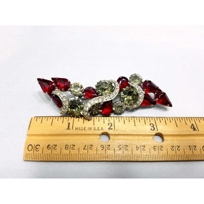 Vintage Red Rhinestone Brooch, Rhodium Plated, Ribbon Design, 1960s Vintage Jewelry