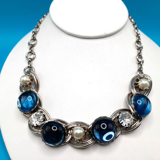Vintage Blue Cabochon Choker Necklace, Faux Pearls, Clear Rhinestones, 1950s Vintage Jewelry