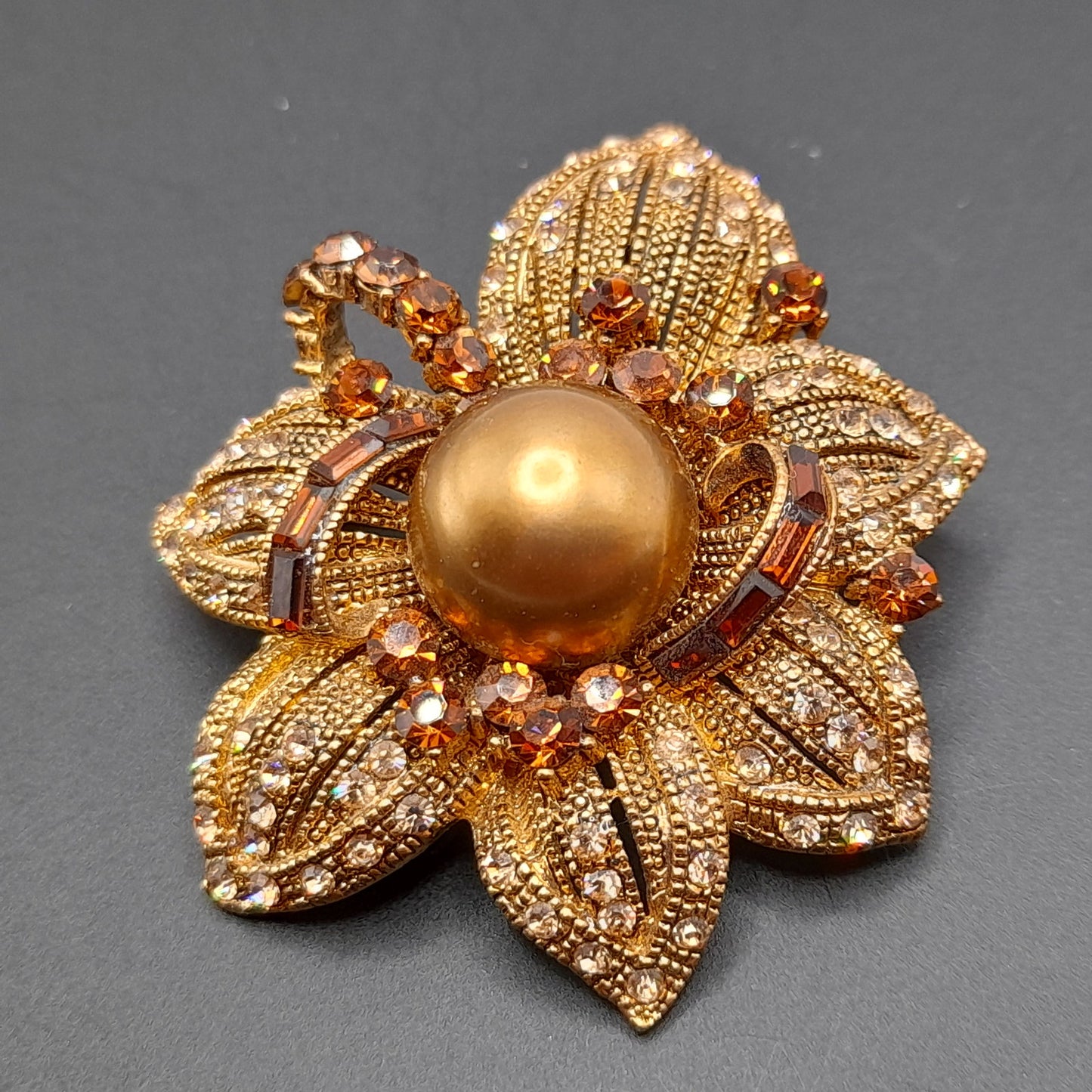 Vintage BJ Rhinestone Faux Pearl Flower Brooch or Pendant - 2 1/4 Inches