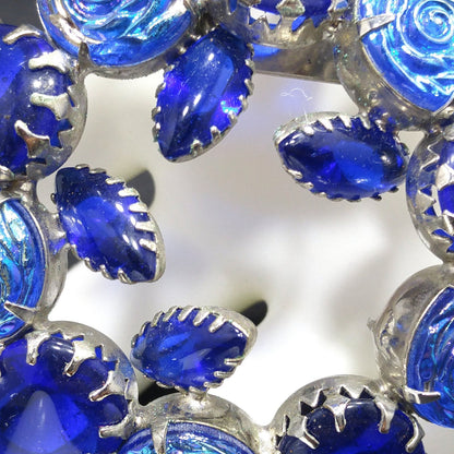 Cobalt Blue Iridescent Rose Wreath Brooch, Silver Tone, Prong Set Rhinestones, 1960s Vintage Jewelry