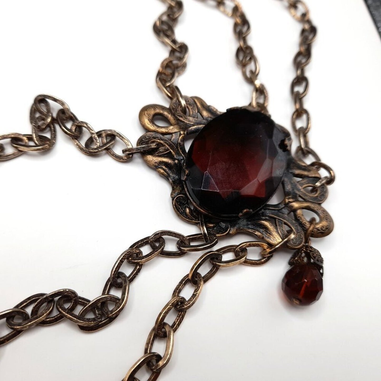 Vintage Hong Kong Boho Chain Belt Brown Glass Stones 32" Filigree 1960s