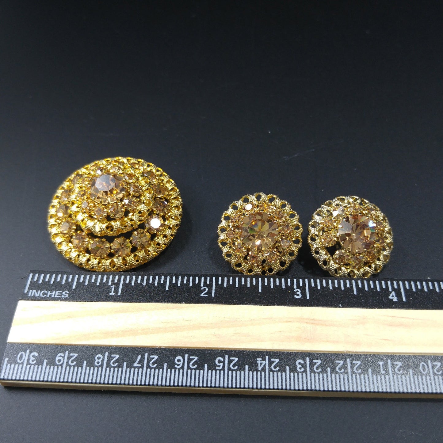 Vintage Austrian Crystal Light Topaz Domed Brooch Earrings Set, Gold Plated 1950s Vintage Jewelry