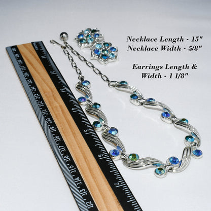 Blue Aurora Borealis Rhinestone Choker Necklace Earrings, Rhodium Plated, 1950s Vintage Jewelry